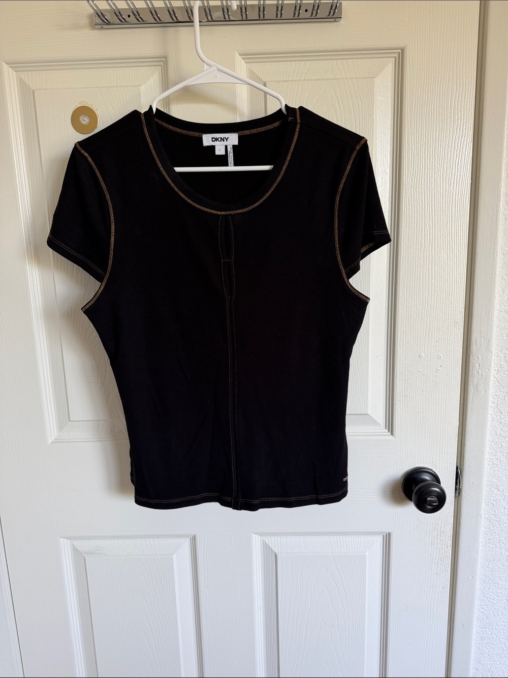 DKNY Black Short-Sleeve Top with Contrast Brown Seams